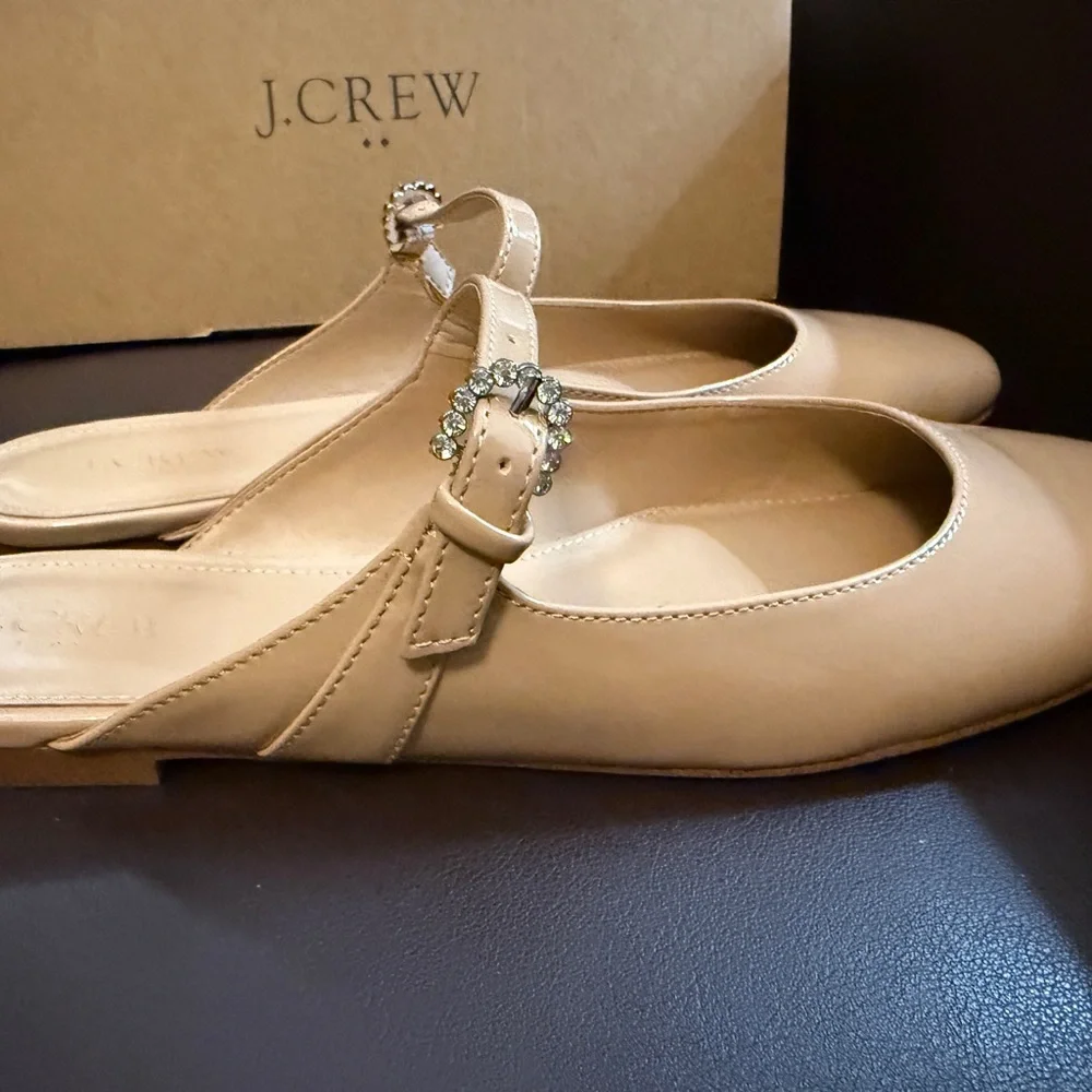 J. Crew Beige Patent Leather Mules with Rhinestone Buckle - Picture 4 of 7